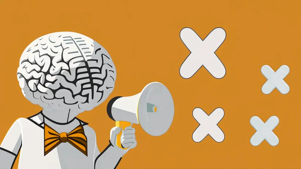 Grafika przedstawiająca postać mózgu mówiącą przez megafon, stworzona do artykułu traktującego o 3 najczęstszych błędach w social media na profilach firmowych. AK Brainding Gdańsk.